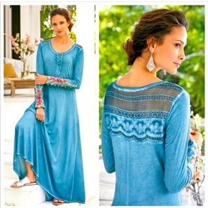 Soft Surroundings Ava Floral Embroidered Sleeves Boho Maxi Blue Dress Size M